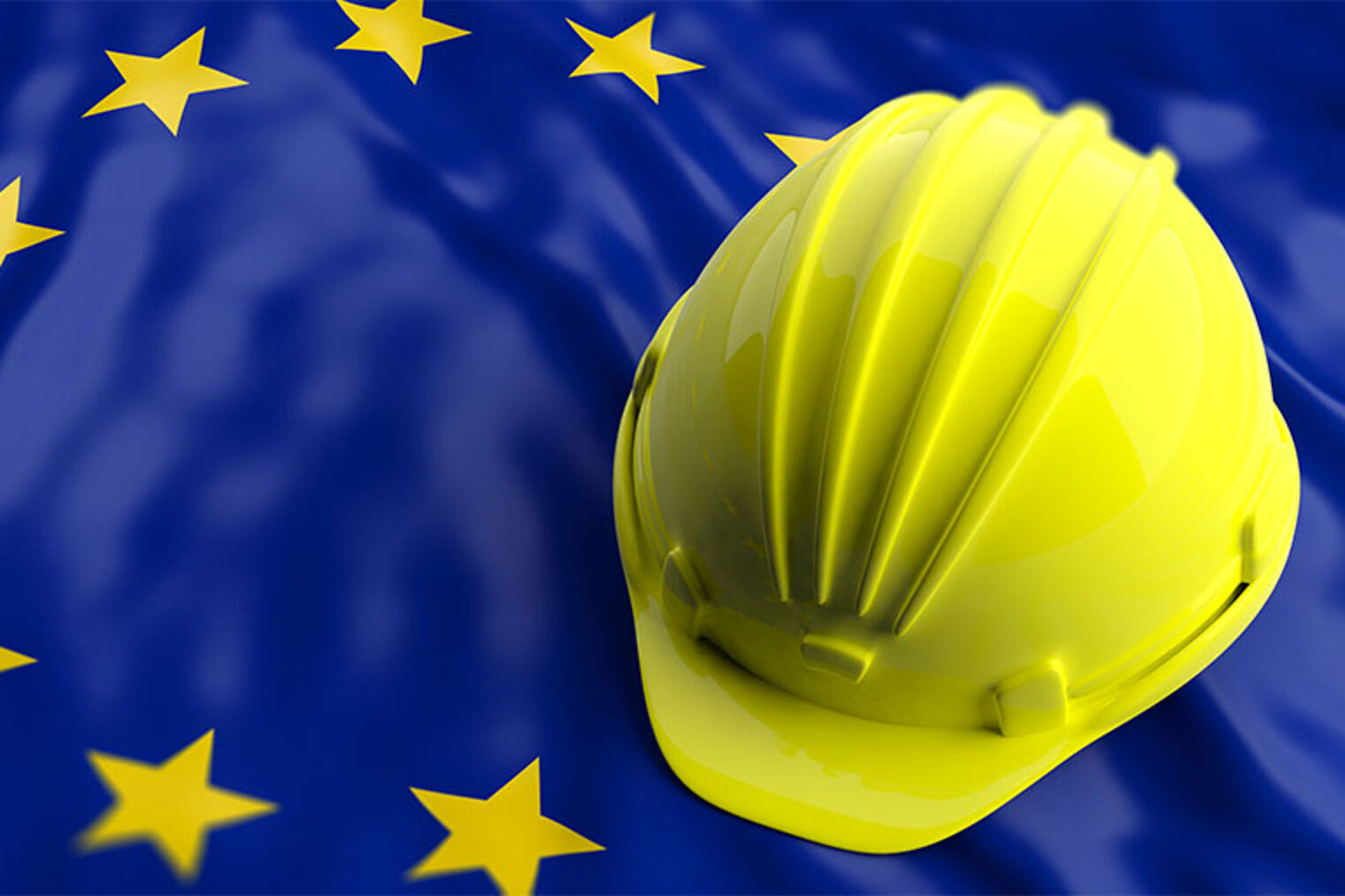 Yellow construction hat over EU flag. 3d illustration Schlagwort(e): Fotolia, Europa, Flagge, Handwerk und Europa, internationale Mä